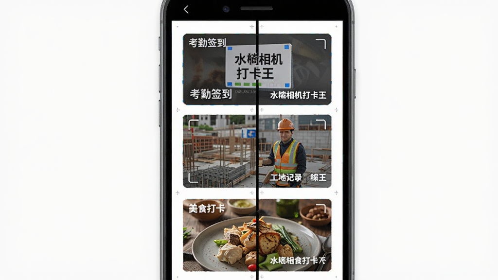 水印相机打卡王App功能展示图,画面主体为手机屏幕分屏显示三张不同模板的打卡照片,分别为考勤签到、工地记录与美食打卡,布局为三张照片纵向排列并配小标题文字,风格为简洁的软件功能介绍图,细节包括每张照片上的水印样式差异与模板名称标签,画质清晰,干净无多余元素
