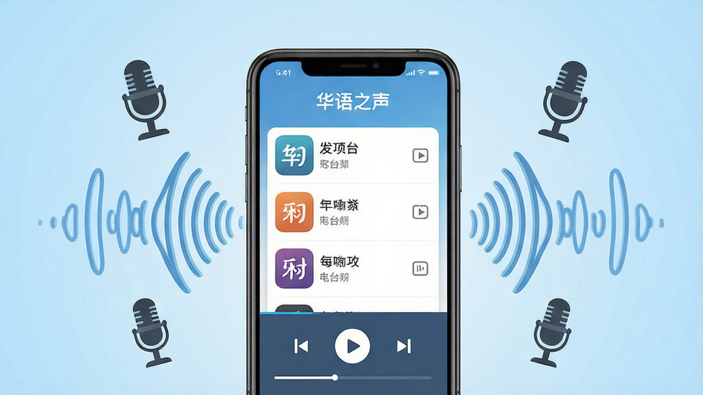 画面中央放置一部智能手机,屏幕显示“华语之声”应用主界面,界面包含电台频道列表与播放按钮,手机两侧环绕声波线条与电台麦克风图标,背景为浅蓝色渐变,布局居中对齐,风格清爽现代扁平化设计,细节包括频道图标与播放进度条,画质清晰锐利,干净无多余元素