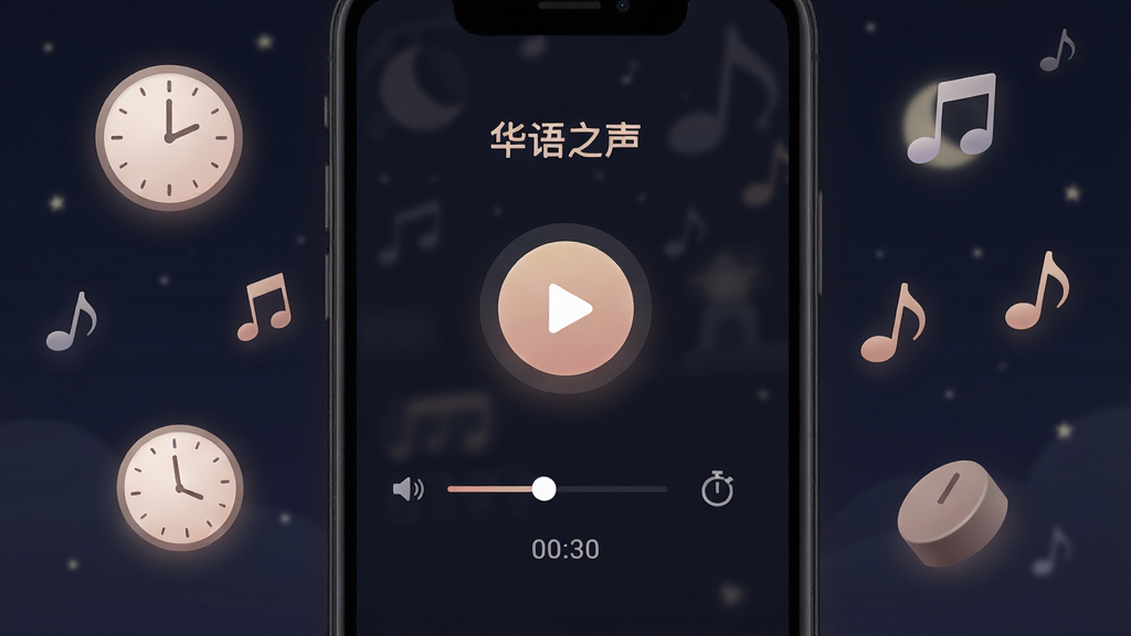 手机显示“华语之声”播放控制界面,界面中央为圆形播放按钮,下方有音量滑块与定时关闭图标,屏幕周围漂浮时钟与音符符号,背景为深色夜间模式,布局简洁居中,风格柔和暗色调,细节包含进度条与时间显示,画质清晰,无多余装饰