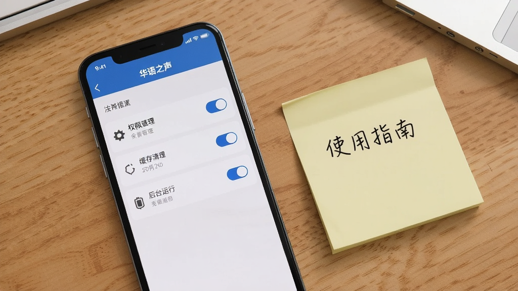 一部手机屏幕显示“华语之声”设置页面,页面中包含权限管理、缓存清理、后台运行三个选项条目,手机旁边放置一张写有“使用指南”字样的便签纸,布局为桌面平铺视角,风格简洁办公风,细节包含设置图标与开关按钮,画质清晰,画面干净