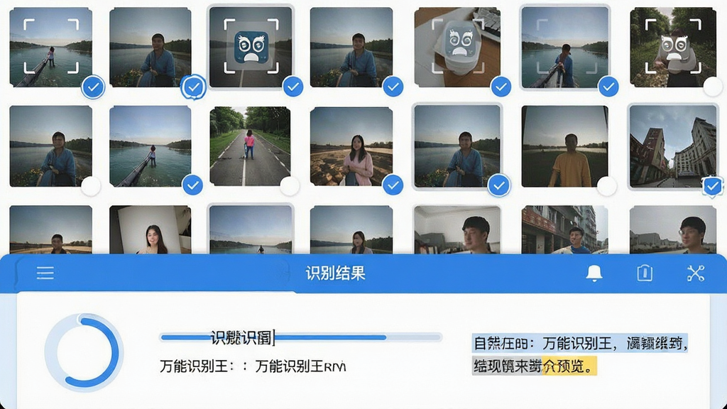 画面主体为手机相册界面中多张图片被选中并导入“万能识别王”进行识别,屏幕显示识别进度条与文字结果预览;布局采用上下分层结构,上方为相册缩略图网格,下方为识别结果面板;排版整洁,缩略图等距排列;风格为扁平化UI示意图,配色以蓝白为主;细节包含选中勾选标记、进度环与文本高亮;画质高清、干净、无多余元素