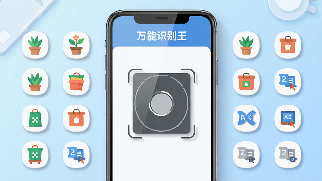 画面主体是一部智能手机屏幕显示“万能识别王”软件界面,界面中央为拍照识别框,周围环绕文字、植物、商品、翻译等识别图标;布局采用居中对称构图,手机置于画面正中,背景为浅蓝色渐变桌面环境;排版清晰,图标整齐排列于屏幕两侧;风格为现代科技扁平化插画,色彩明亮清爽;细节包含屏幕反光、图标微阴影与干净留白;画质高清、干净、无多余元素
