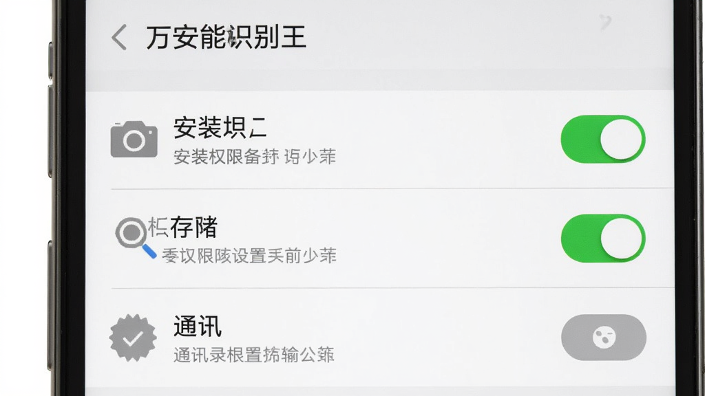 画面主体为手机屏幕显示“万能识别王”安装权限设置界面,相机与存储权限开关处于开启状态,通讯录权限显示灰色关闭;布局采用纵向列表式排版,权限条目逐行排列;风格为简洁系统设置界面示意图,配色以白灰为主;细节包含开关高亮、权限图标与提示文字;画质清晰、干净、无多余元素