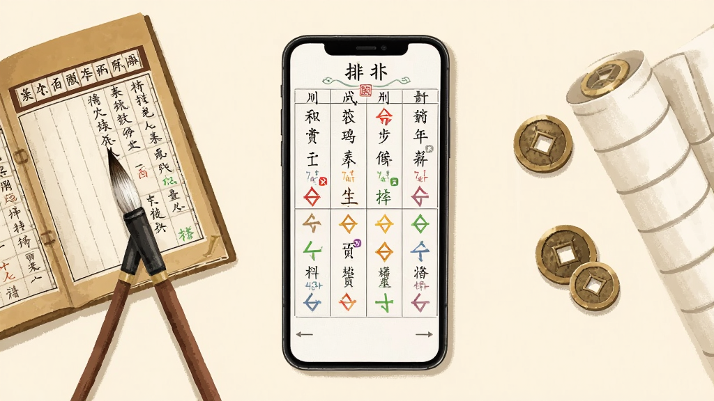 画面中央放置一部竖屏手机,手机屏幕上显示八字排盘界面,包含四柱表格与五行颜色标识,手机左侧摆放一本翻开的传统历书与一支毛笔,右侧点缀几枚铜钱与卷起的宣纸,整体采用暖米色背景,布局为居中对称构图,风格为简洁的国风插画,细节上突出手机界面清晰、文字区块分明,画质干净清晰,无多余元素