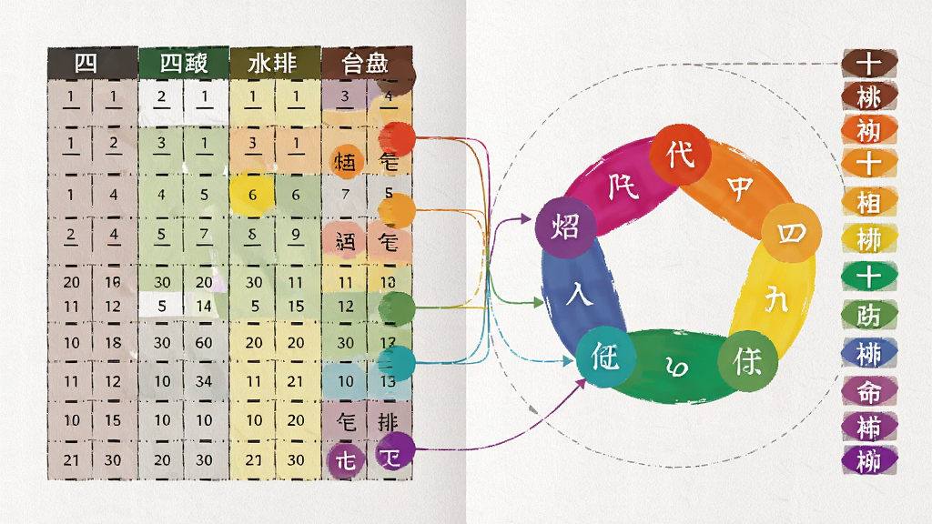 一张横向展开的命理信息图,左侧是四柱排盘表格,右侧是五行颜色圆环与十神标签列表,中间用细线连接对应关系,背景为浅灰纹理纸面,布局为左右分栏,风格为扁平化信息图表,细节上表格线条清晰、颜色区分明显,画质干净,无多余装饰元素