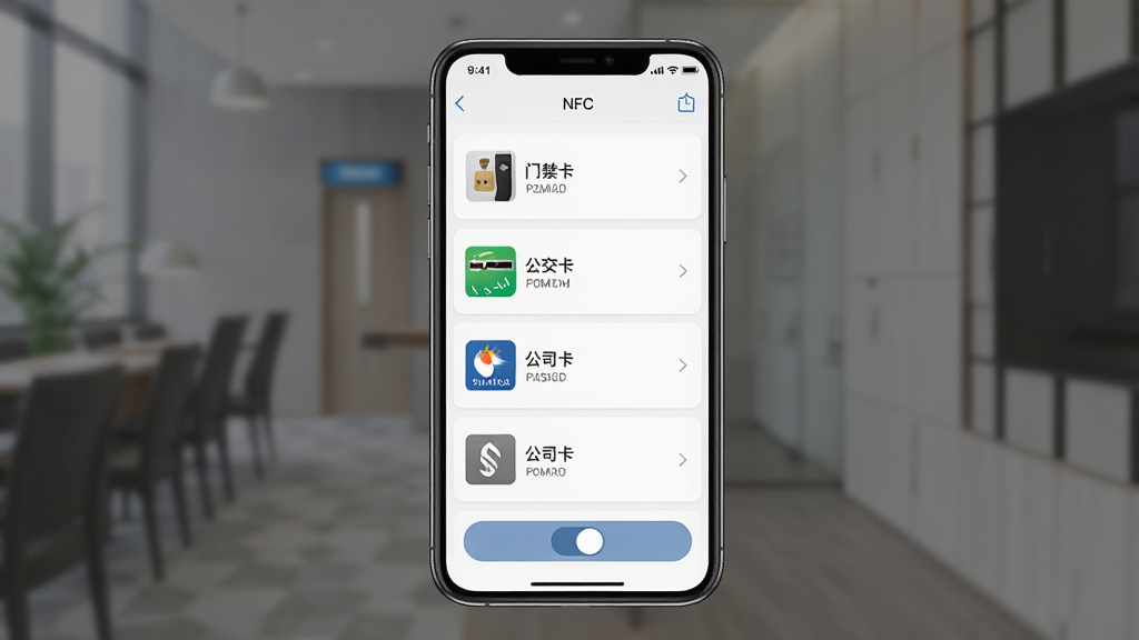 智能NFC钥匙多卡管理界面示意图,画面主体为手机屏幕显示卡片列表,列表中有门禁卡、公交卡、公司卡等条目,每条卡片带有图标与名称,布局为手机居中,屏幕内容占画面主体,排版整齐,风格为简约商务风,细节包括列表分隔线、卡片图标、切换按钮,画质清晰,干净,无多余元素