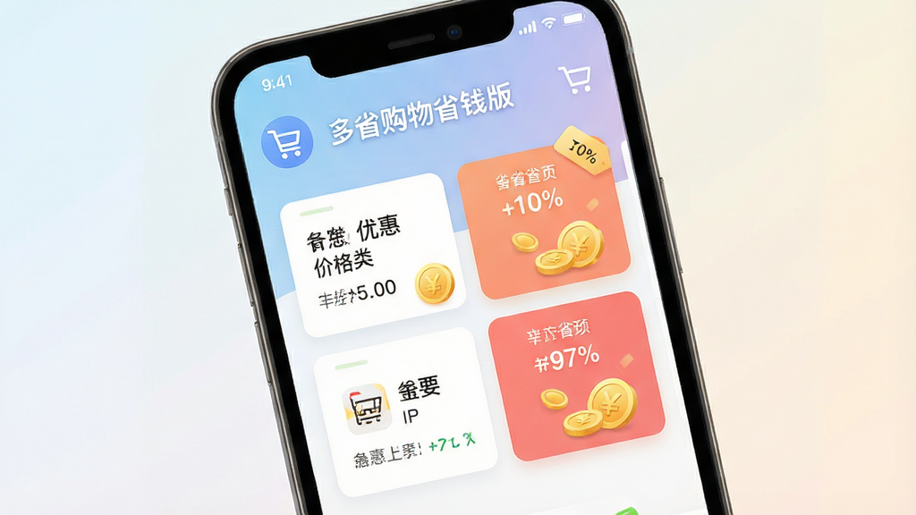 一张手机屏幕展示购物省钱类应用主界面的场景图,画面中央是简洁的优惠券与价格对比卡片,背景为浅色渐变,风格清新现代,细节包含购物车图标、折扣标签、金币元素,画质清晰干净,无多余杂乱元素,图中文字标注“多省购物省钱版”