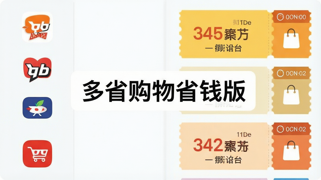 一张展示多个电商平台优惠券汇聚到同一界面的示意图,画面采用分栏布局,左侧为不同平台图标,右侧为优惠券卡片列表,风格扁平化设计,细节包含折扣数字、倒计时标签、购物袋元素,画质清晰干净,图中文字标注“多省购物省钱版”