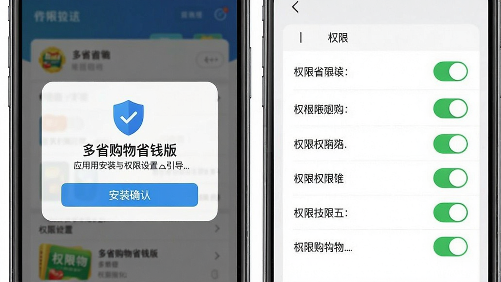 一张手机应用安装与权限设置的操作引导图,画面展示手机屏幕上的安装确认弹窗与权限开关,风格简洁明了,细节包含盾牌安全图标、权限列表、对勾标记,画质清晰干净,图中文字标注“多省购物省钱版”
