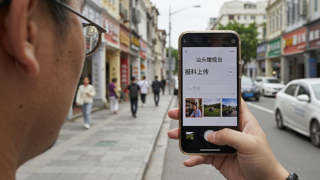一张表现市民用手机拍摄报料场景的AI生图,画面主体是一位市民手持手机对准街道场景拍摄,手机屏幕显示“汕头橄榄台”报料上传界面,布局为前景人物与背景街景结合,风格纪实摄影感,细节包含上传按钮、文字输入框、图片缩略图,画质自然清晰,画面干净无干扰元素