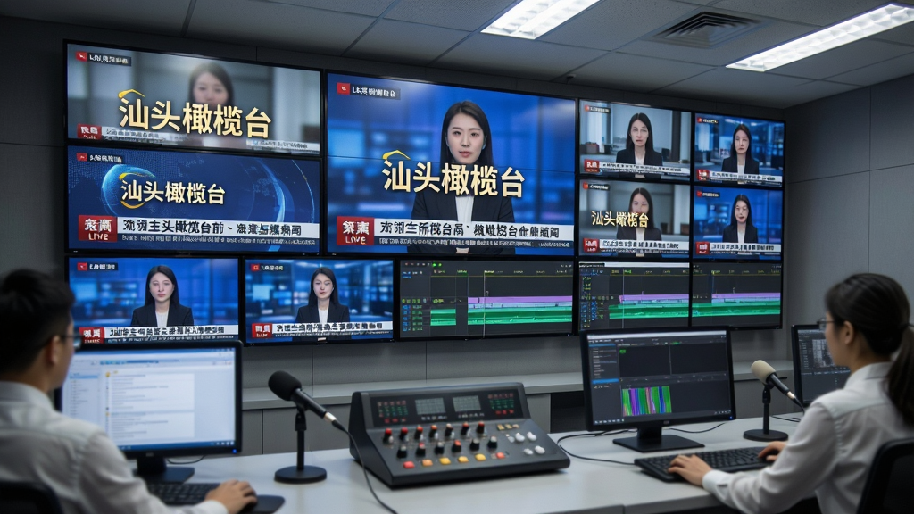 一张表现新闻编辑室场景的AI生图,画面主体是一面由多块显示屏组成的新闻墙,屏幕上显示着“汕头橄榄台”新闻标题与直播画面,前方有编辑人员正在操作设备,布局为横向宽幅构图,风格写实偏商务,细节包含麦克风、导播台、时间轴界面,画质高清,画面干净整洁,无杂乱元素