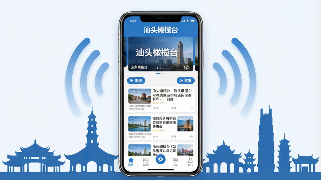 一张展示汕头橄榄台手机应用主界面的场景图,画面中央是一部竖屏智能手机,屏幕上显示着新闻资讯列表与顶部轮播图,界面配色以蓝白为主,突出“汕头橄榄台”文字标识,手机周围环绕着汕头城市地标剪影与电视信号波纹元素,布局简洁居中,风格现代扁平化,细节包含新闻卡片、直播按钮、底部导航栏图标,画质清晰干净,无多余装饰元素