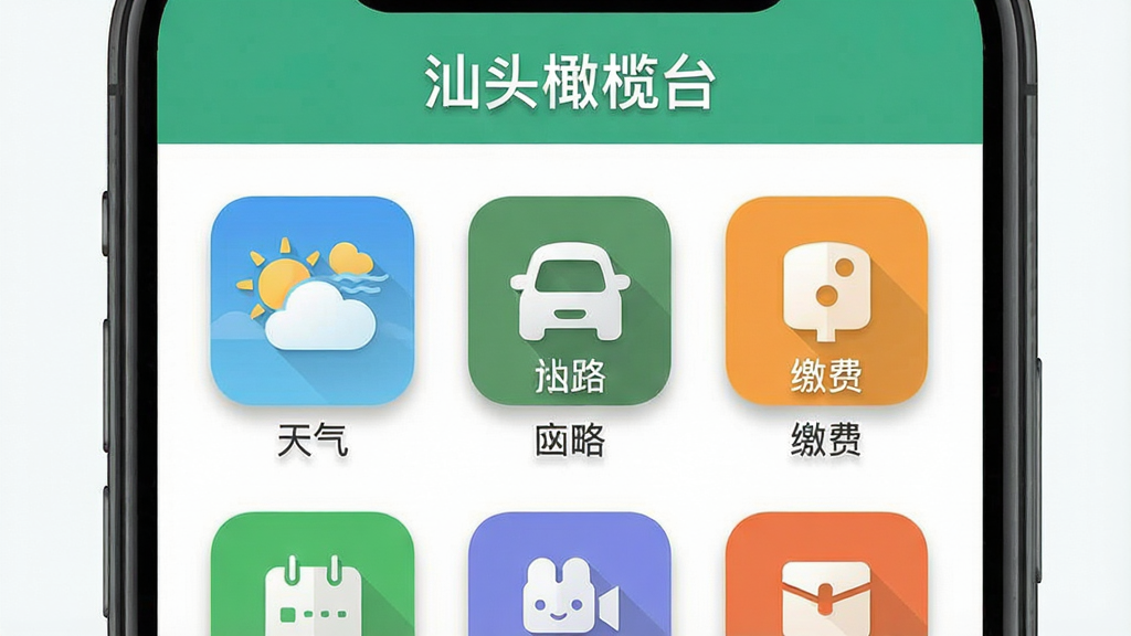 一张展示手机便民服务功能界面的AI生图,画面中央是手机屏幕特写,屏幕上排列着天气、路况、缴费等彩色功能图标,顶部显示“汕头橄榄台”字样,布局为居中特写构图,风格清新扁平化设计,细节包含图标阴影与圆角卡片,画质细腻干净,无多余背景元素