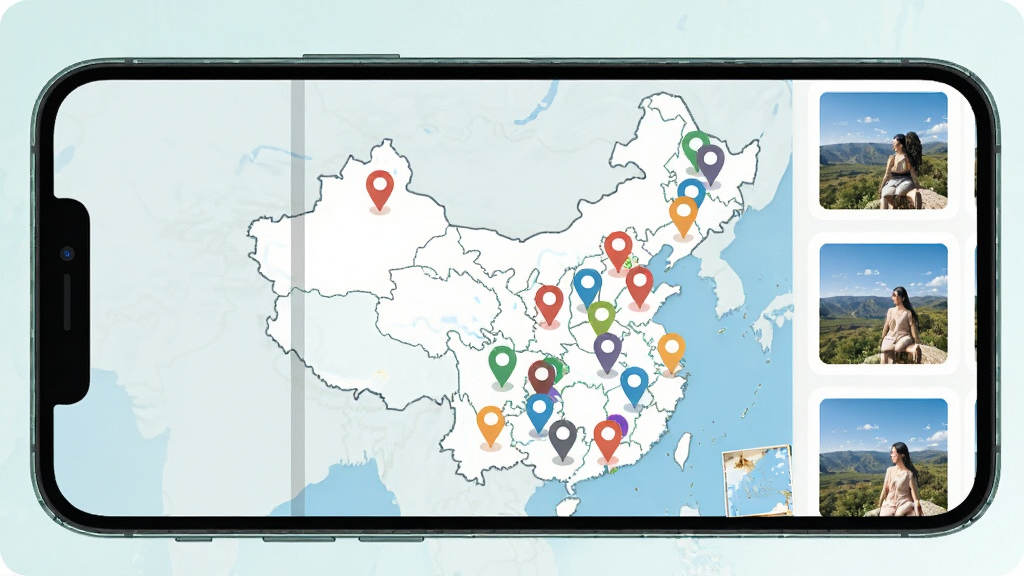 手机屏幕显示中国地图上分布着多个彩色定位标记点,旁边有旅行相册缩略图,画面风格清新扁平化,布局居中,细节精致,画质干净清晰,无多余元素
