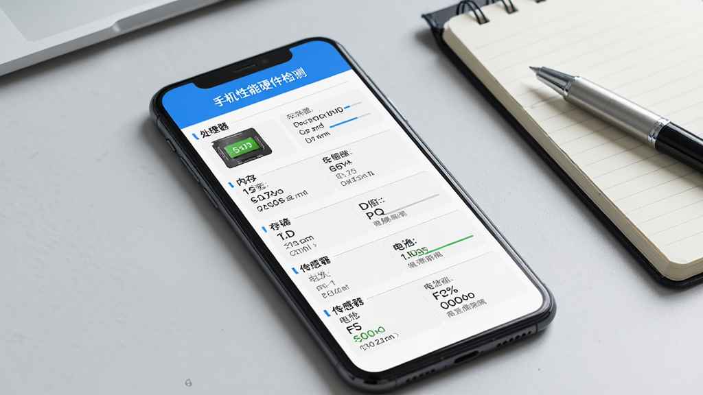 手机性能硬件检测应用的数据报告页面,手机屏幕上显示一份排版整齐的硬件信息报告,包含处理器、内存、存储、电池、传感器等多个板块,页面顶部有手机性能硬件检测字样,背景为浅灰桌面,旁边放着一支笔和记事本,风格为办公写实风,画质细腻干净,无杂乱元素