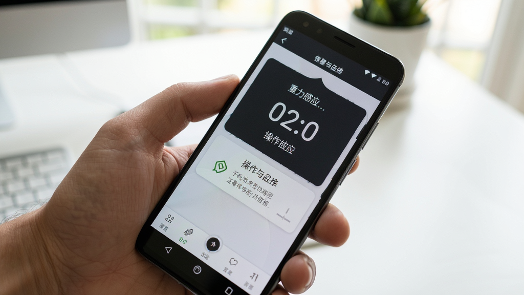 手机性能硬件检测应用在安卓手机上的操作场景图,画面中一只手握着手机,屏幕显示传感器自检页面,页面中有重力感应数值与操作提示文字,背景为明亮室内桌面,风格为生活写实风,细节包含手机边框、手指动作与界面元素,画质清晰干净,构图自然