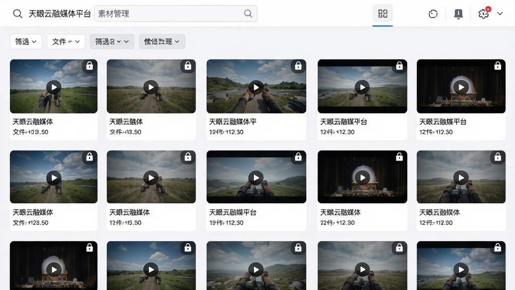 画面主体为天眼云融媒体平台的素材管理页面,网格状排列着图片与视频缩略图,顶部设有搜索框与筛选标签;布局为规整的网格列表;排版紧凑有序;风格为简约的浅色系界面设计;细节包括每个素材下方的文件名称与大小标注、右上角的权限锁图标;画质清晰,干净整洁,无多余装饰