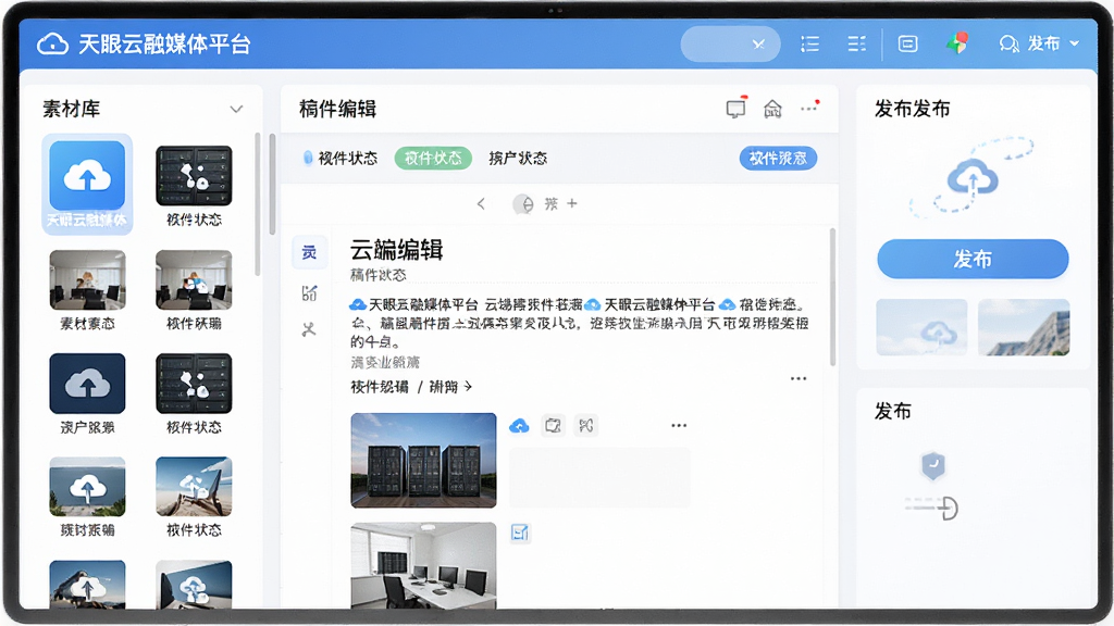 画面主体为天眼云融媒体平台的云端采编界面,左侧显示素材库图标,中间为稿件编辑区域,右侧为发布按钮;布局采用三栏式信息面板结构;排版整齐,功能分区明确;风格为清爽的商务办公视觉;细节包括云端同步图标、稿件状态标签与缩略图;画质高清,干净利落,无杂乱背景元素