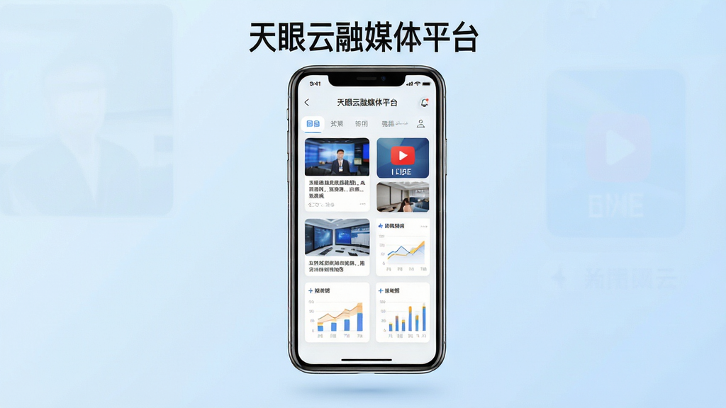 画面主体为一部智能手机,屏幕中显示天眼云融媒体平台的界面,包含新闻卡片、直播图标与数据图表;布局采用居中构图,手机悬浮于浅蓝色渐变背景之上;排版简洁,顶部留白放置软件名称文字;风格为现代科技感扁平化设计;细节包括手机边缘的高光反射、界面中细小的图标与文字排版;画质清晰,干净明亮,无多余装饰元素