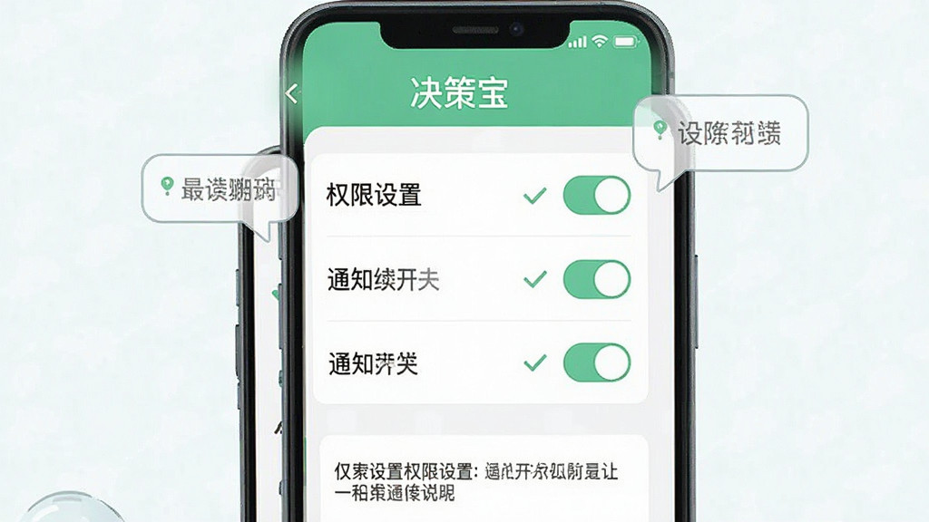 一张“决策宝”移动端操作引导示意图,画面主体为手机屏幕展示权限设置与通知开关界面,布局为顶部标题、中部权限列表与底部说明文字,风格为扁平化清新风,细节包含开关按钮、勾选图标与提示气泡,画质清晰干净,无多余元素