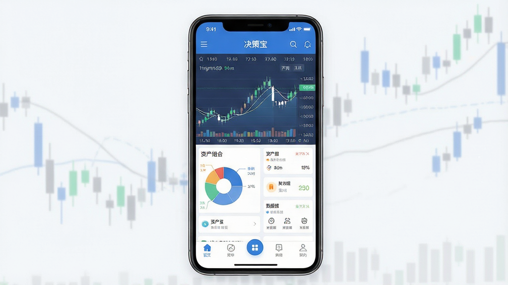 一张展示“决策宝”移动端应用主界面的示意图,画面中央为手机屏幕,屏幕内呈现行情走势曲线、资产组合饼图与数据卡片,布局清晰分为顶部状态栏、中部图表区与底部导航栏,整体风格为简约现代商务风,配色以蓝白灰为主,细节包含数字刻度、K线元素与图标按钮,画质清晰干净,无多余元素