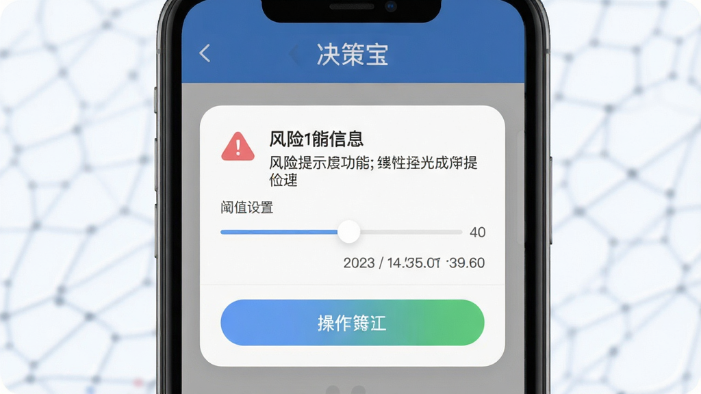 一张“决策宝”风险提示功能示意图,画面主体为手机屏幕弹出提醒卡片,布局为顶部标题栏、中部提示信息区与底部操作按钮,风格为柔和圆角卡片风,细节包含警示图标、阈值设置滑块与时间戳,画质清晰干净,无多余元素