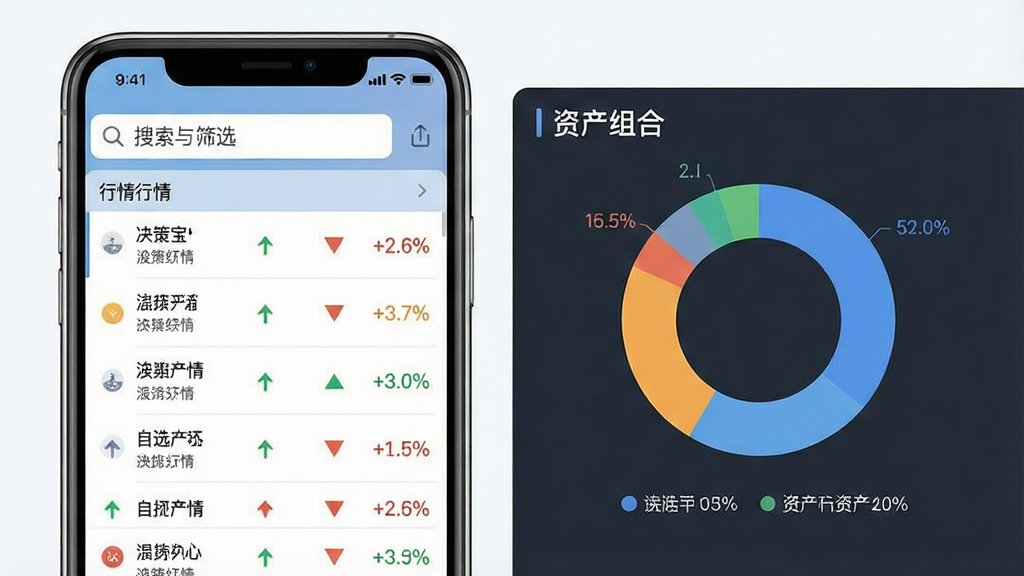 一张“决策宝”功能界面示意图,画面主体为手机屏幕中并列展示自选行情列表与资产组合环形图,布局采用上下分区结构,顶部为搜索与筛选栏,中部左侧为行情列表、右侧为组合图表,风格为清爽浅色商务风,细节包含涨跌箭头、百分比数值与图例标注,画质干净清晰,无多余元素