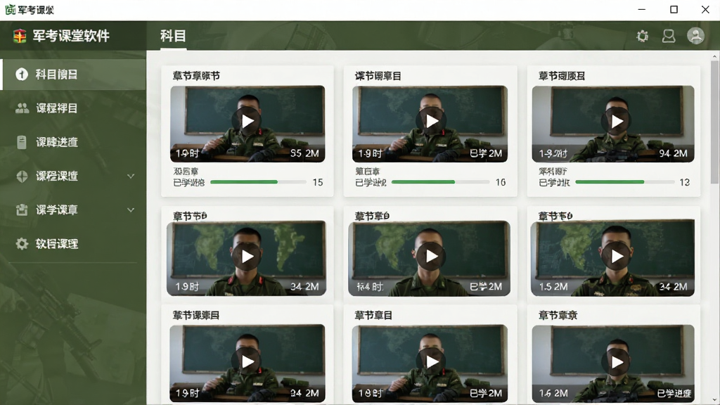 军考课堂软件课程列表页面截图风格,左侧为科目导航栏,右侧为章节视频卡片排列,卡片上标注课时时长与已学进度,界面配色为军绿色与白色搭配,排版整齐,画质清晰,干净无多余元素