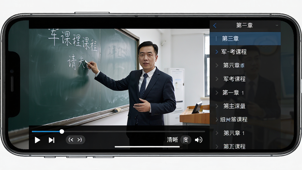 军考课堂软件视频播放页面,手机横屏显示课程视频与右侧章节列表,播放器底部有倍速与清晰度选项,画面为老师板书讲解场景,风格写实清晰,画质干净无多余元素