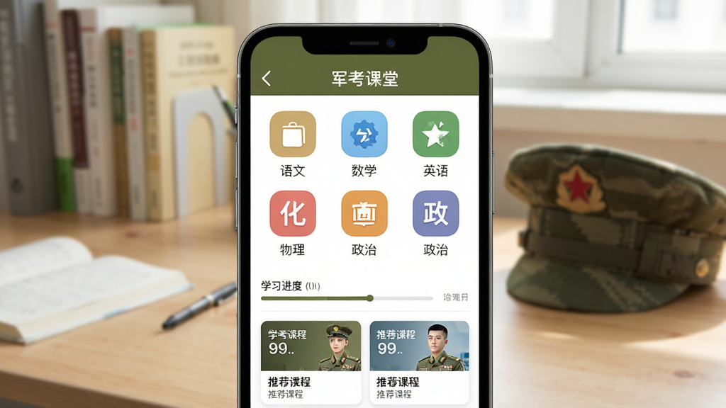手机屏幕中央展示军考课堂软件主界面,上方为橄榄绿色导航栏,中间排列语文数学英语物理化学政治等课程分类图标,底部为学习进度条与推荐课程卡片,背景为书桌与军帽,整体风格清新简洁,画质清晰,干净无多余元素