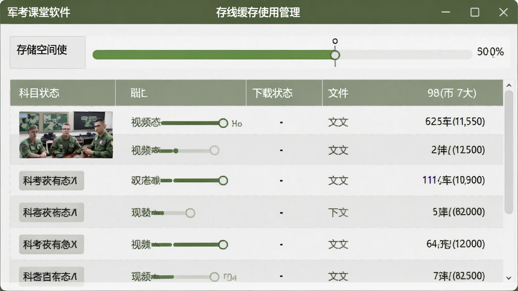 军考课堂软件离线缓存管理界面,列表中显示各科目视频的下载状态与文件大小,顶部有存储空间使用进度条,界面风格简洁实用,配色为浅灰与军绿,画质清晰,干净无多余元素