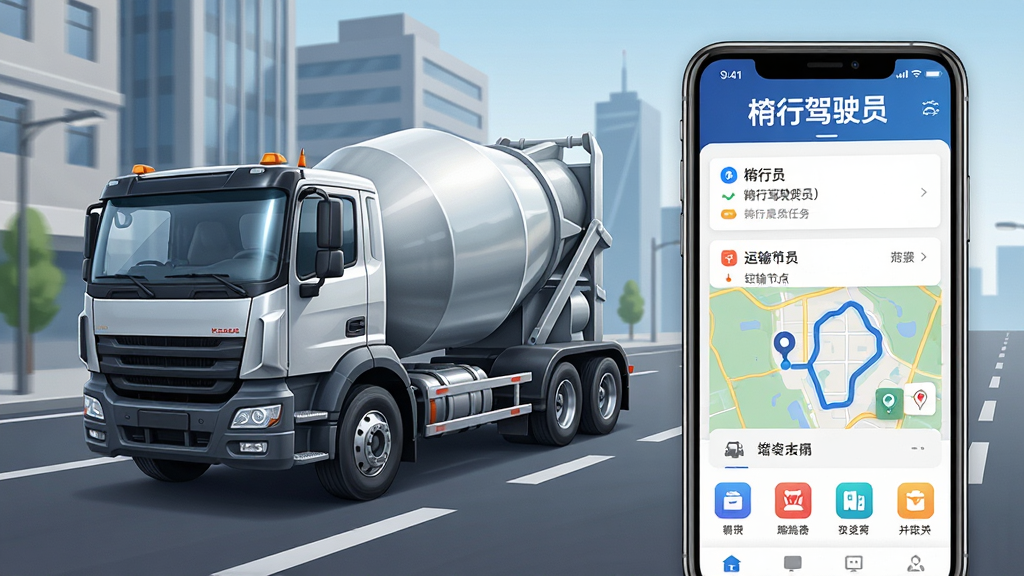 主体为一辆混凝土搅拌车行驶在城市道路上的场景,布局为画面中央偏左放置搅拌车,右侧叠加手机界面展示砼行驾驶员应用的任务列表与地图轨迹,排版采用上下分层结构,上方为软件名称“砼行驾驶员”文字标题,下方为功能图标排列,风格为写实商务插画,细节包括车身反光、道路标线、手机屏幕高亮显示运输节点,画质清晰干净无多余元素
