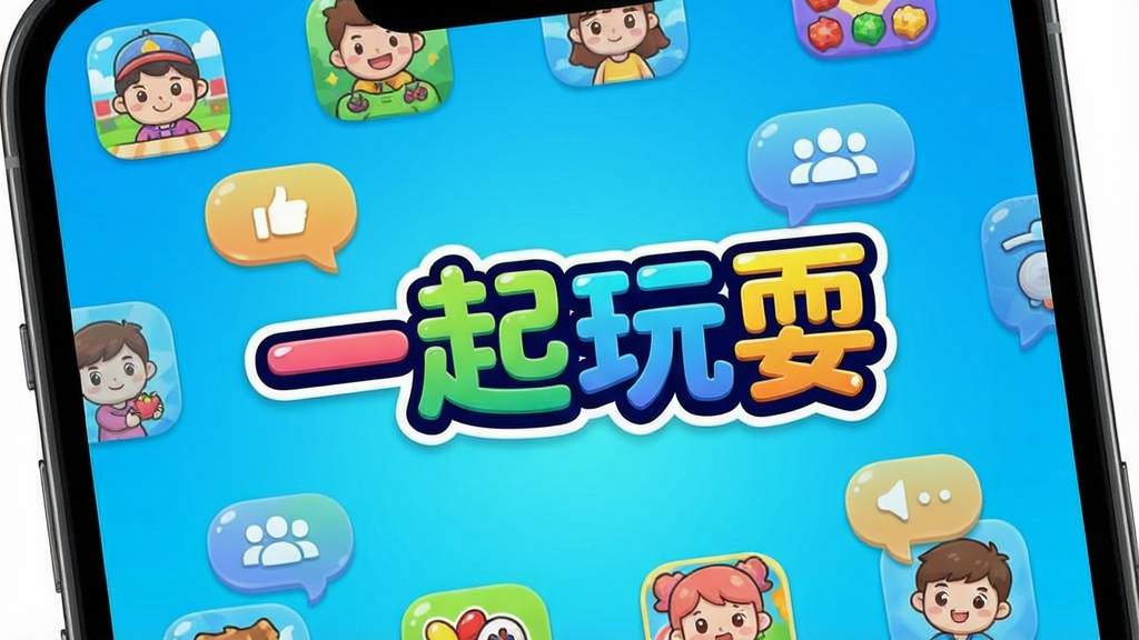 一张展示“一起玩耍”应用主界面的手机屏幕截图,画面中央是软件名称“一起玩耍”的彩色艺术字Logo,周围环绕着多个卡通风格的小游戏图标和社交互动气泡,背景为明亮的渐变蓝色,整体风格活泼清爽,画质清晰,无多余元素