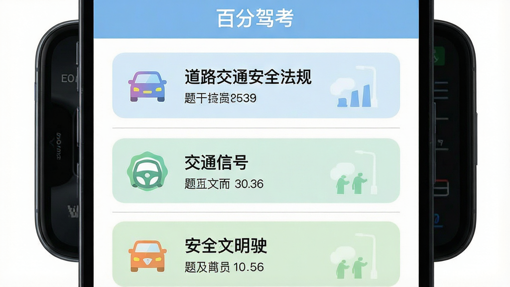 百分驾考题库分类界面,主体为手机屏幕内展示驾考题目分类列表,包含道路交通安全法规、交通信号、安全文明驾驶等章节卡片,布局为纵向滚动列表,每张卡片左侧有彩色图标右侧为章节名称与题目数量,风格为清新浅色扁平设计,细节包含圆角矩形、淡蓝与淡绿配色、细线分隔,画质清晰干净无多余元素,屏幕上方显示