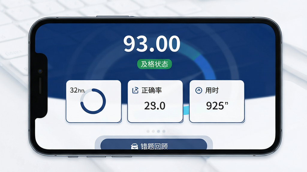 百分驾考模拟考试结果页,主体为手机屏幕展示考试成绩报告,上方为大号分数数字与及格状态标识,中间为答题数量、正确率、用时等数据卡片横向排列,下方为错题回顾按钮,布局上下分层清晰,风格为简约商务风,细节包含深蓝与白色配色、数据可视化圆环、细边框卡片,画质清晰干净无多余元素
