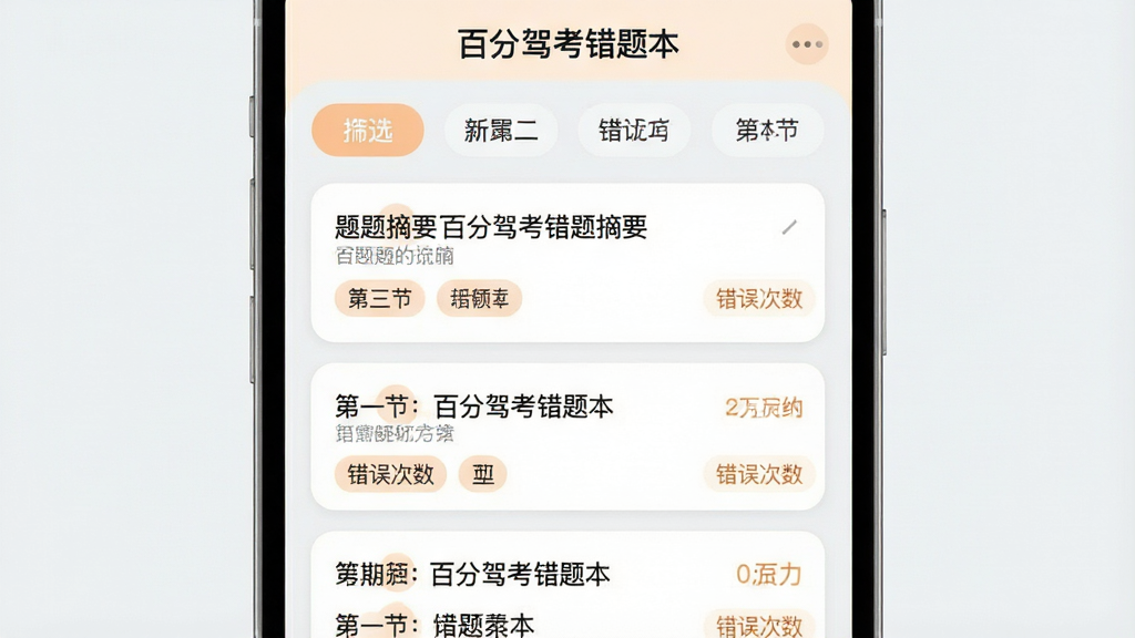 百分驾考错题本界面,主体为手机屏幕展示错题列表页面,每条记录包含题目摘要、所属章节标签与错误次数标记,布局为卡片式纵向排列,顶部有筛选标签栏,风格为柔和圆角设计,细节包含淡橙色强调色、圆角标签、浅灰背景分隔,画质清晰干净无多余元素,页面标题显示