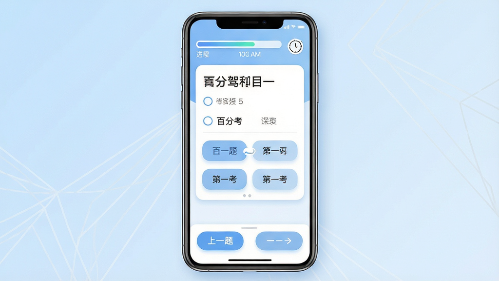 百分驾考手机应用界面展示,主体为一部竖屏智能手机居中摆放,屏幕内呈现驾考科目一答题页面,上方显示进度条与计时器,中间为单选题题干与四个选项按钮,下方为上一题下一题操作栏,背景为浅蓝色渐变与淡灰色几何线条装饰,布局简洁清晰,风格为扁平化UI设计,细节包含圆角卡片、柔和阴影与图标点缀,画质清晰干净无多余元素