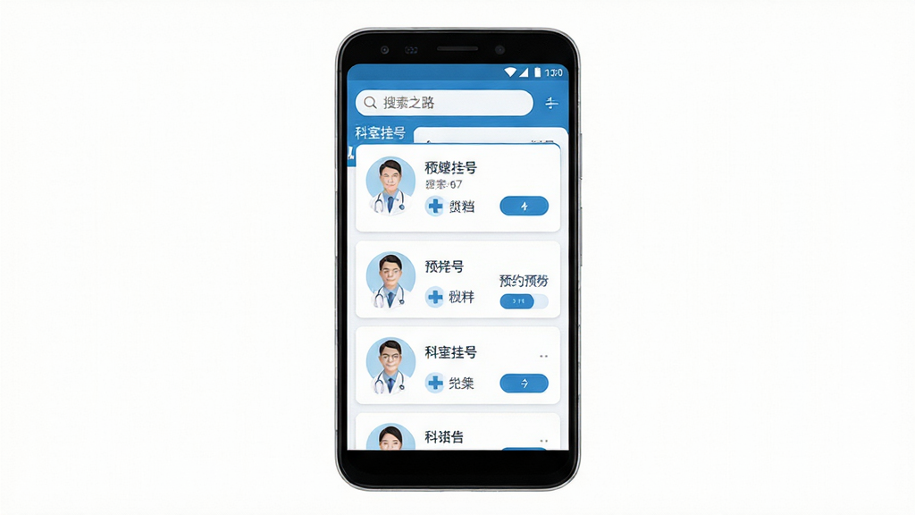 健康之路手机应用主界面展示,主体是一部竖屏安卓手机,屏幕内呈现医院挂号列表与科室分类卡片,布局为居中构图、上下留白,排版采用卡片式信息流,风格为清爽医疗蓝白配色,细节包含医生头像、科室图标、预约按钮与顶部搜索栏,画质高清、界面干净、无多余元素