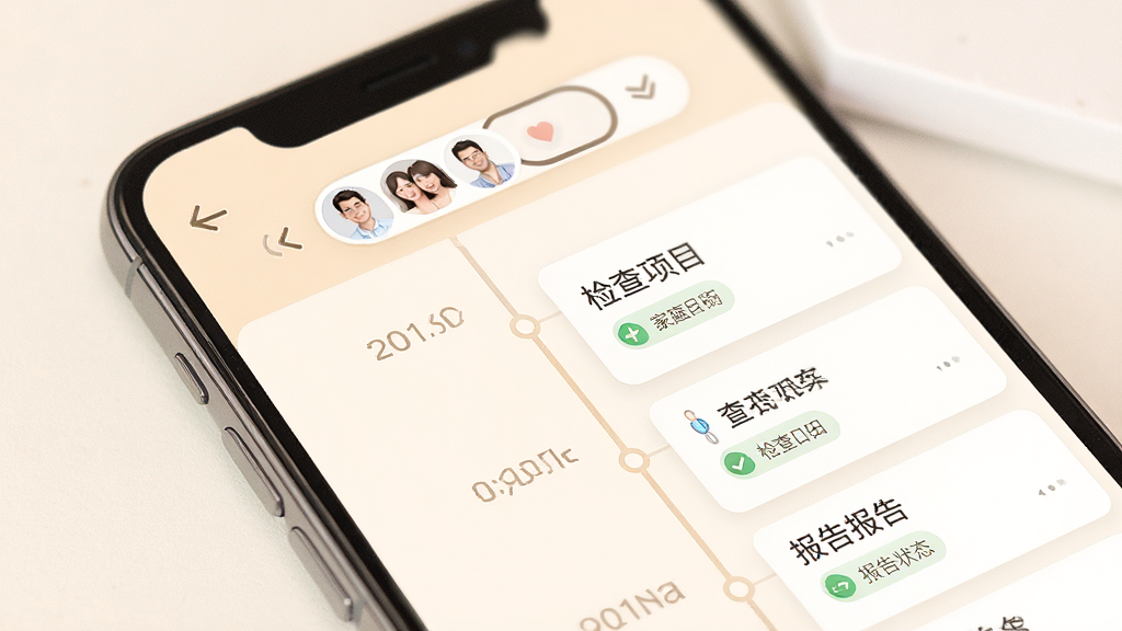 健康之路健康档案页面,主体为手机屏幕内的档案时间轴,布局为顶部家庭成员切换栏加下方报告卡片列表,排版采用时间线结构,风格为温和浅色系医疗界面,细节包含检查项目名称、日期标签、报告状态图标,画质高清、界面整洁、无多余元素