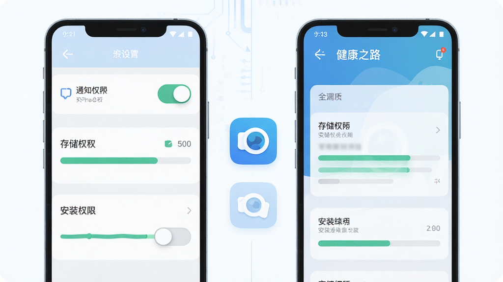 健康之路安卓手机安装与权限设置示意图,主体为手机设置界面与应用图标并列展示,布局为左右分栏、左侧权限开关右侧应用界面,排版清晰对齐,风格为科技感扁平插画,细节包含通知权限开关、存储权限条目、安装进度条,画质高清、画面干净、无多余元素