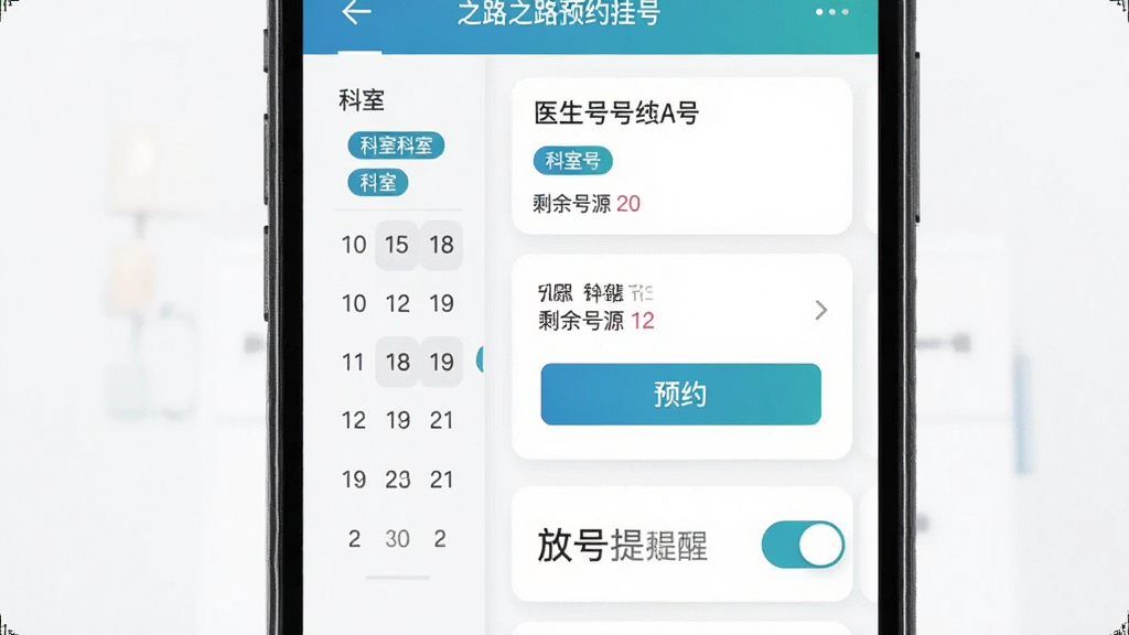 健康之路预约挂号功能界面,主体为手机屏幕特写,布局为左侧日期选择栏加右侧医生号源卡片,排版纵向列表,风格为简洁扁平化医疗风,细节包含科室标签、剩余号源数字、预约按钮与放号提醒开关,画质清晰、画面干净、无多余元素