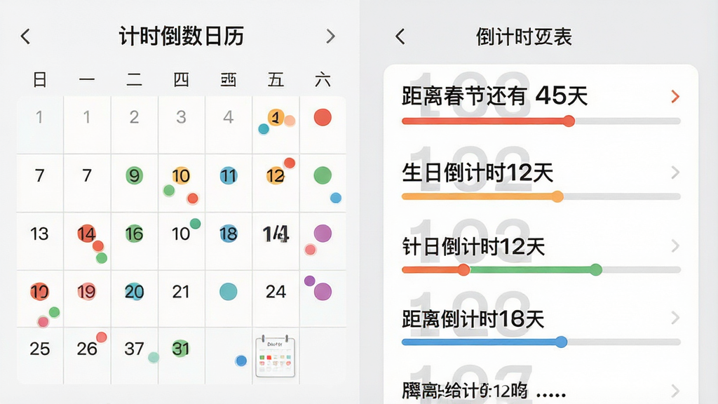 一张“计时倒数日历”应用的功能展示图,画面分为左右两部分,左侧是月历视图,日期格子上有彩色圆点标记,右侧是倒计时列表,显示“距离春节还有45天”“生日倒计时12天”等条目,背景为浅灰色,风格清新简约,细节包括圆点标记和进度条,画质清晰,干净无多余元素