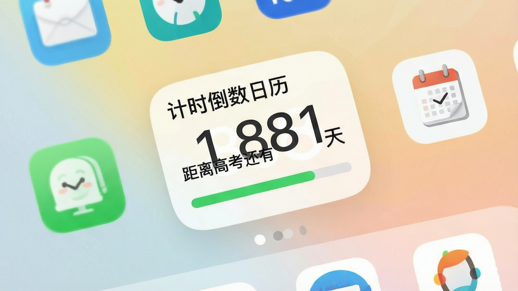 一张手机桌面截图,桌面上放置了“计时倒数日历”的小组件,小组件显示“距离高考还有88天”字样和进度条,周围有其他应用图标,桌面壁纸为浅色渐变,风格生活化,细节包括小组件圆角设计和数字字体,画质高清,干净无多余元素