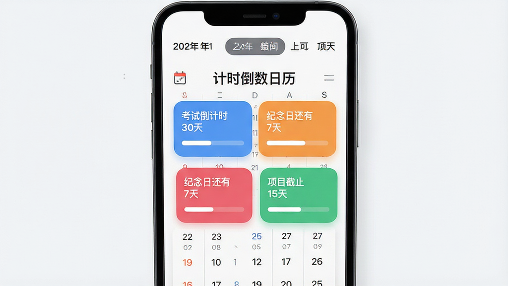 一张展示手机屏幕的图片,屏幕中央显示“计时倒数日历”应用界面,界面中有多个彩色倒计时卡片,分别标注“考试倒计时30天”“纪念日还有7天”“项目截止15天”,日历网格背景,顶部有年份月份切换栏,整体布局清晰,风格简洁现代,细节包括圆角卡片和进度条,画质高清,干净无多余元素