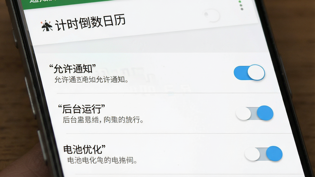 一张手机应用设置界面的示意图,画面展示“计时倒数日历”的通知权限设置页面,有“允许通知”“后台运行”“电池优化”等开关选项,界面风格为安卓原生设置风格,背景为白色,细节包括开关按钮和文字说明,画质清晰,干净无多余元素