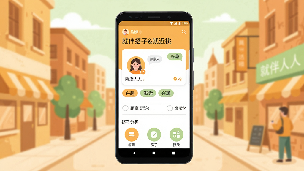 一张展示同城社交结伴场景的手机应用界面,画面中央是一部竖屏安卓手机,屏幕上显示「就伴搭子&就近桃」应用首页,包含附近的人卡片、兴趣标签、距离筛选和搭子分类图标,背景是温暖的城市街区插画风格,布局简洁清晰,主色调为橙黄与浅绿搭配,细节包含头像圆圈、聊天气泡、定位图标,整体风格清新扁平化,画质高清干净,无多余元素