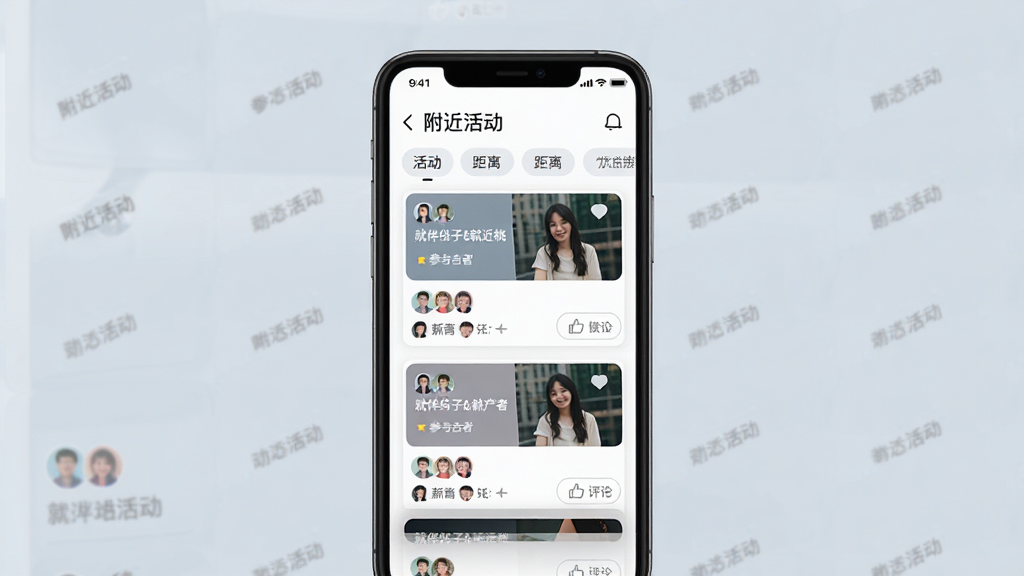 一张展示「就伴搭子&就近桃」动态广场页面的手机界面图,画面中央为竖屏手机,屏幕显示附近活动动态列表,包含活动卡片、参与者头像、点赞评论按钮和距离标签,背景为柔和的浅灰蓝色,布局为上下滚动式信息流,风格为现代扁平UI,细节包含「附近活动」标题栏与分类标签,画质高清干净,无多余装饰