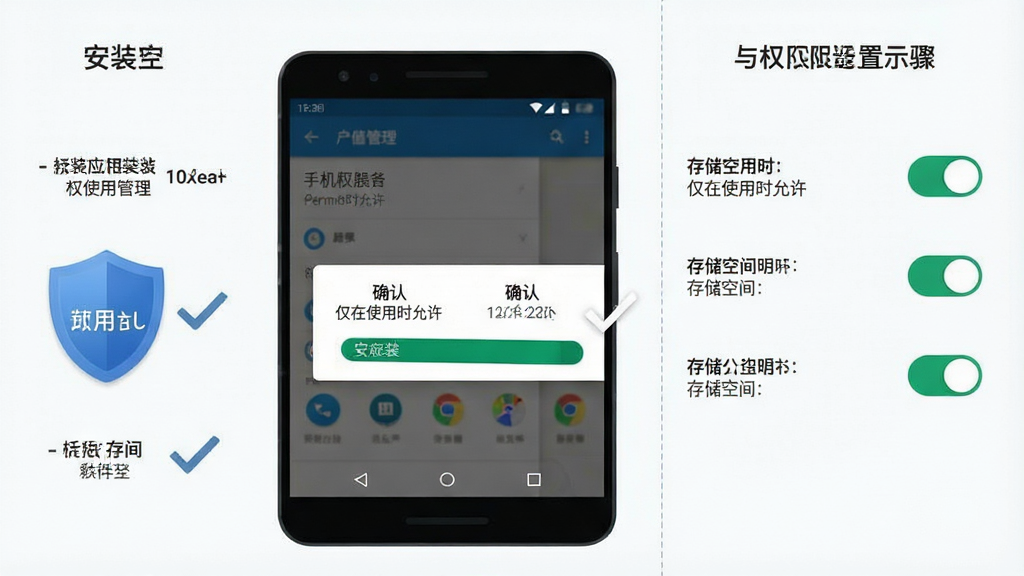 一张表现手机应用安装与权限设置步骤的示意图,画面主体为安卓手机屏幕,显示权限管理界面与安装确认弹窗,旁边配有盾牌图标和勾选标记,布局为左右分栏,左侧为安装步骤、右侧为权限开关,风格为简洁信息图,细节包含「仅在使用时允许」文字与存储空间提示,画质清晰干净,无多余元素