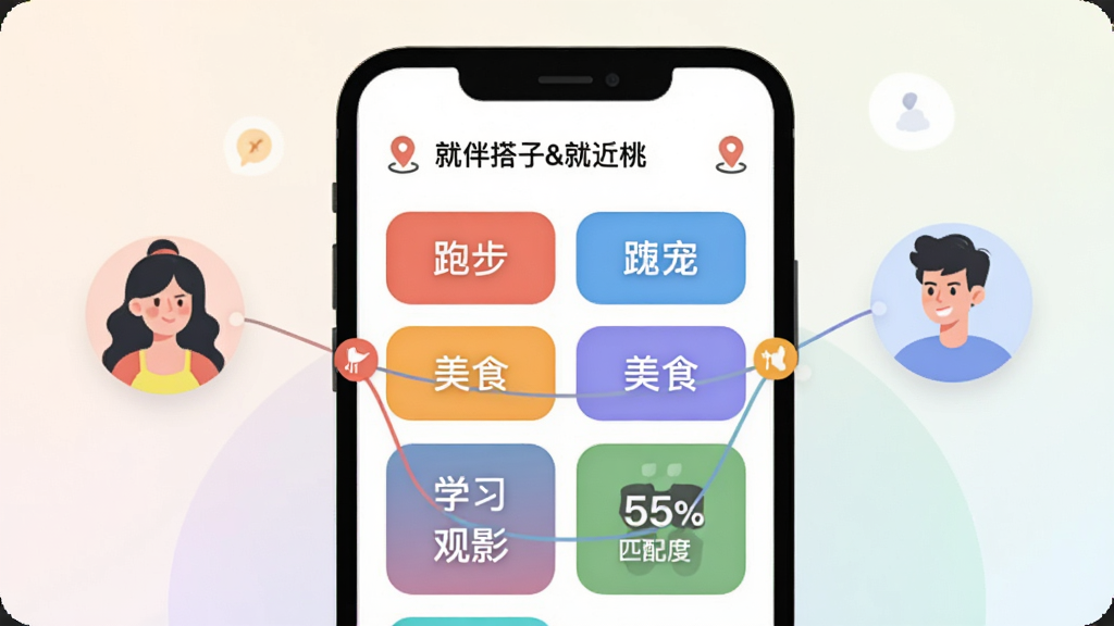 一张表现「就伴搭子&就近桃」兴趣标签匹配功能的界面插画,画面主体是手机屏幕上的兴趣标签选择面板,标签以彩色圆角方块排列,包含跑步、美食、学习、观影、宠物等文字,屏幕旁边漂浮着两个人物头像通过标签连线相连,背景为浅色渐变,布局居中对称,风格为扁平插画,细节包含定位图标与匹配度百分比,画质清晰干净,无杂乱元素