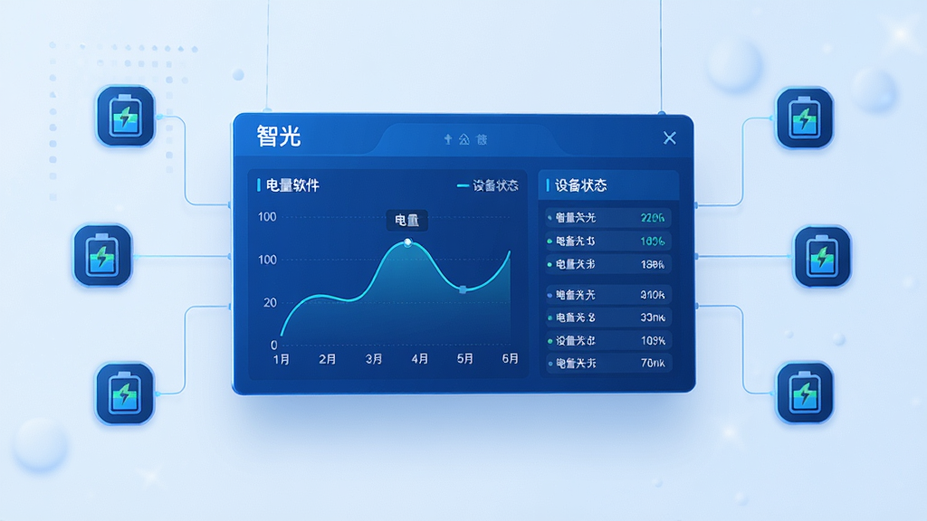 主体为一块悬浮的蓝色数据面板,面板上显示“智光”软件的电量曲线图与设备状态列表;布局为面板居中悬浮,四周有细线连接至多个电池图标;排版层次分明,上方为标题下方为数据;风格为科技蓝简约风;细节上曲线流畅,数字清晰;画质高清,干净,无多余元素